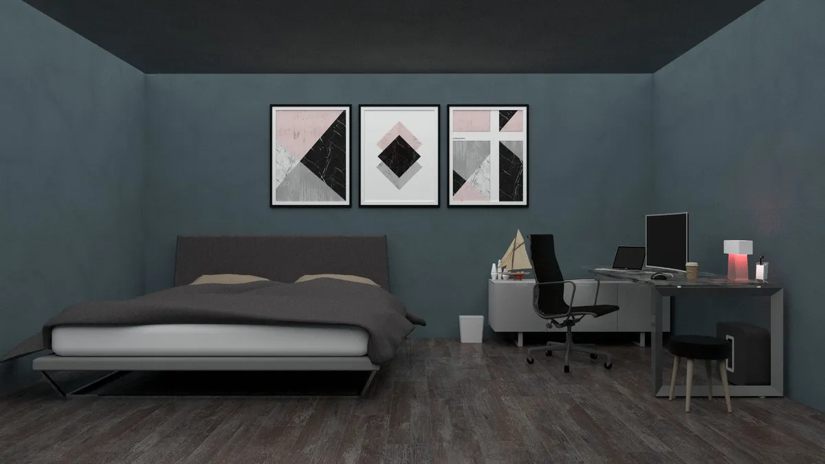 Bauhaus-style living room with tubular steel furniture, primary color accents, and minimal ornamentation
