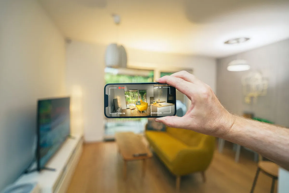 AI interior design app interface showing room photo upload and multiple style results on a smartphone screen