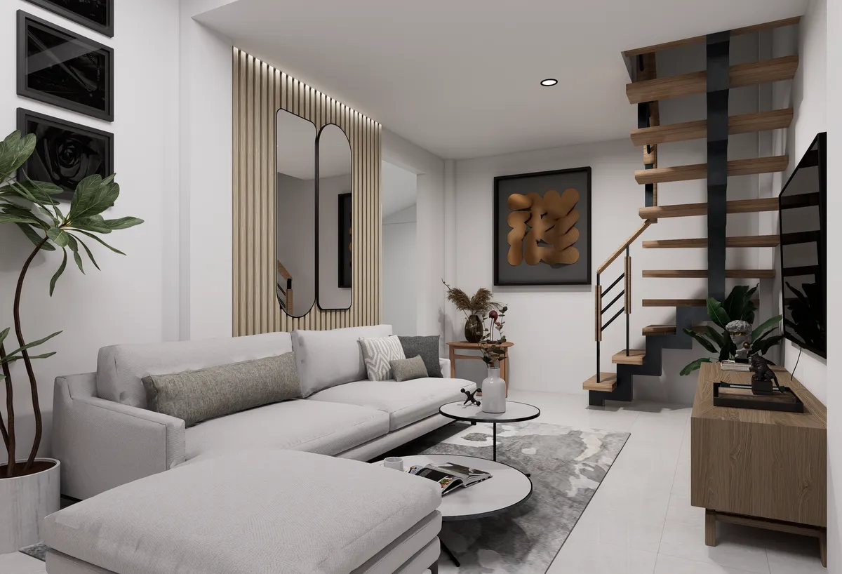 Contemporary interior living room with clean lines, neutral palette, and textural layering in natural materials