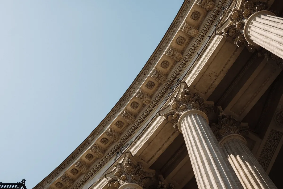 Neoclassical interior with columns, symmetry, and elegant proportions
