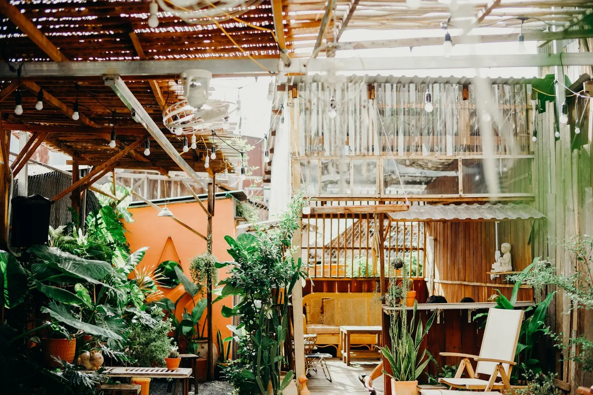 Indoor tropical space with bamboo, plants and natural fiber rugs